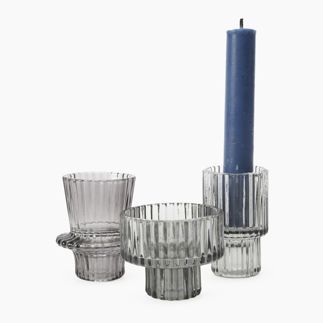 Thread Office Glass Ribbed Candle Holders, Set of 3 - Smoke