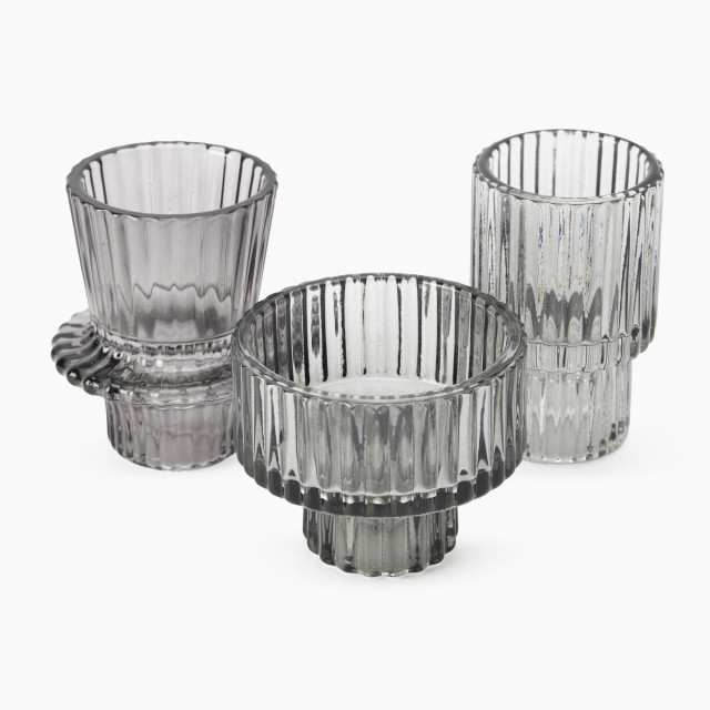 Thread Office Glass Ribbed Candle Holders, Set of 3 - Smoke