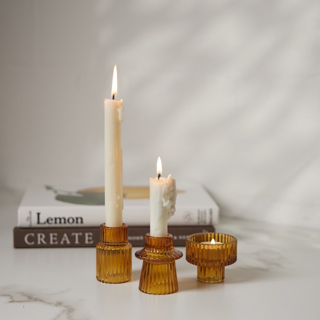 Thread Office Glass Ribbed Candle Holders, Set of 3 - Auburn