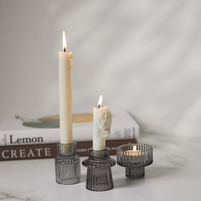Thread Office Glass Ribbed Candle Holders, Set of 3 - Smoke
