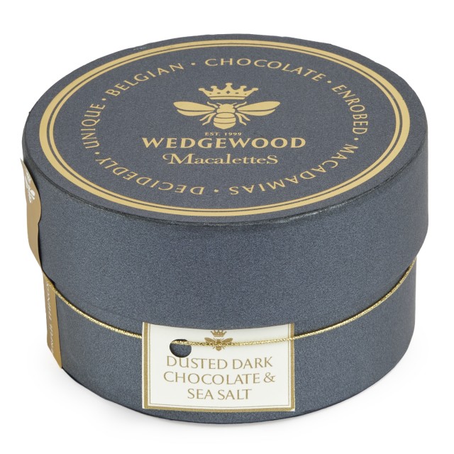 Wedgewood Nougat Dusted Dark Belgian Chocolate & Sea Salt Macadamias in Macalette Hat Box
