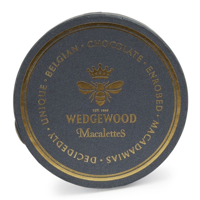 Wedgewood Nougat Dusted Dark Belgian Chocolate & Sea Salt Macadamias in Macalette Hat Box