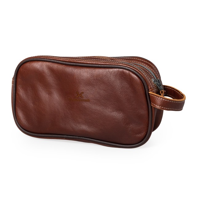 Thandana Men's Double Zip Leather Vanity Bag - Tobacco Leather