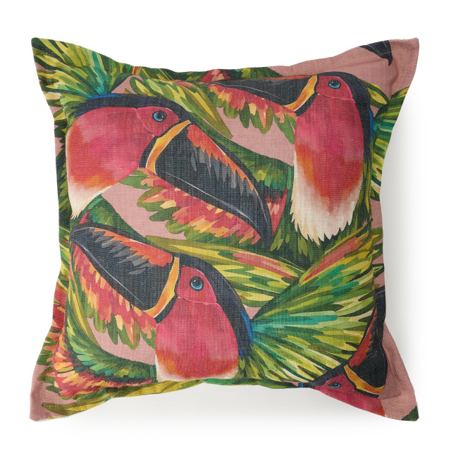 Humble & Mash Fun Toucan In Flight Linen Flax Printed Scatter Cushion with Feather Blend Inner, 60cm x 60cm