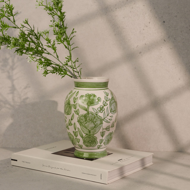 Thread Office Hand Painted Green Floral Ceramic Vase