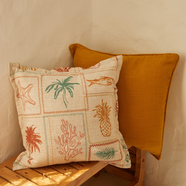 Lifestyle image of Humble & Mash Moldova Sulphur Scatter Cushion with Feather Blend Inner, 60cm x 60cm