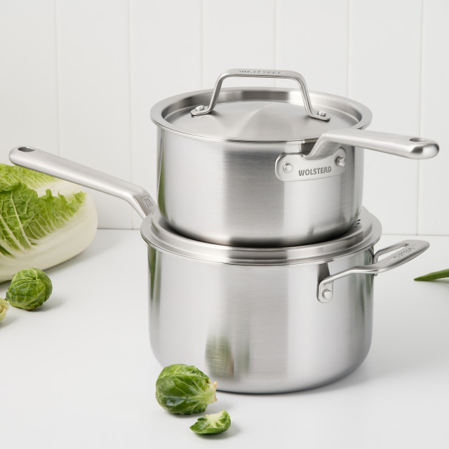 Wolstead Pro Steel Triply Stainless Steel Saucepan Set, 3-Piece