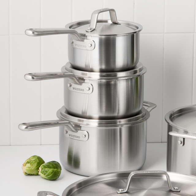 Wolstead Pro Steel Triply Stainless Steel Saucepan Set, 3-Piece