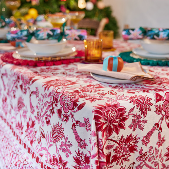India Ink Red Floral Tablecloth - 8-Seater