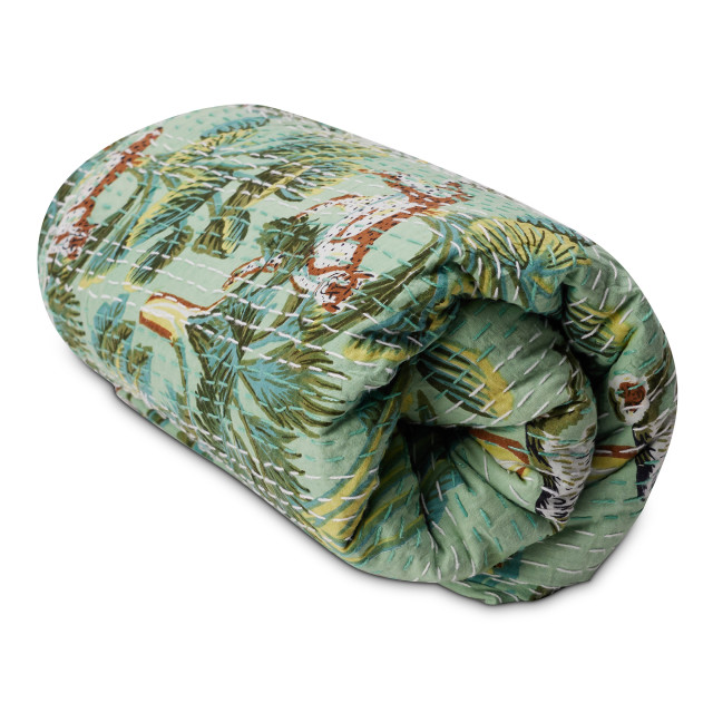 India Ink Green Jungle Fever Kantha Stitched Throw - Double