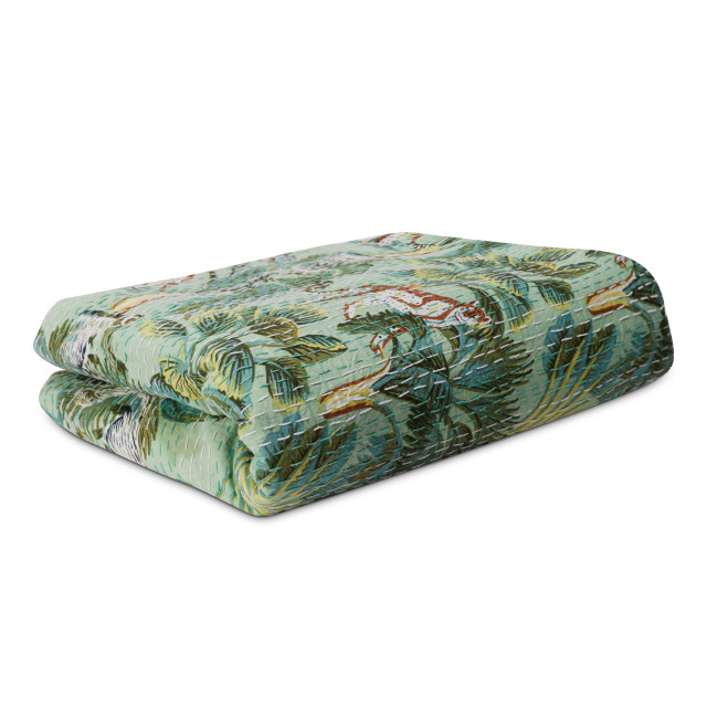 India Ink Green Jungle Fever Kantha Stitched Throw - Double