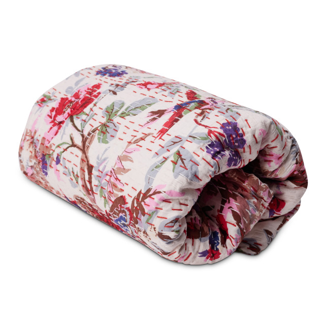 India Ink White Birds Of Paradise Kantha Stitched Throw