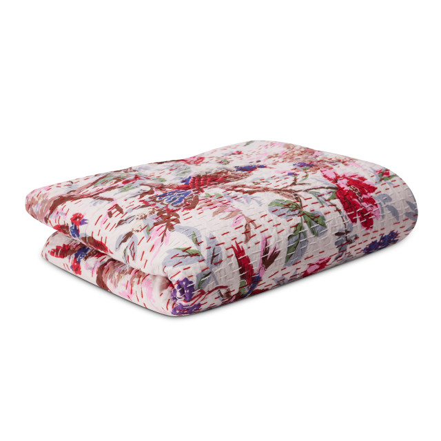 India Ink White Birds Of Paradise Kantha Stitched Throw