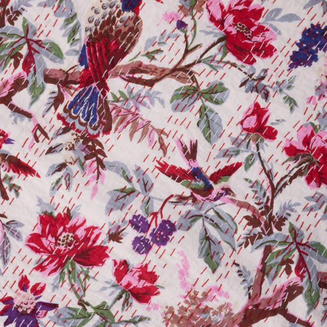 India Ink White Birds Of Paradise Kantha Stitched Throw