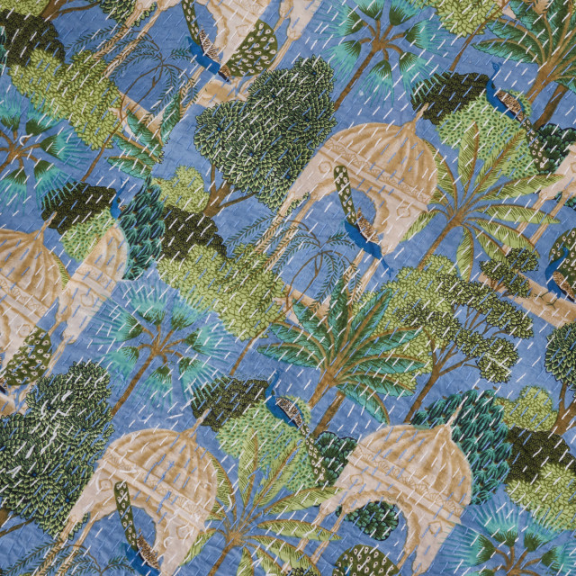 India Ink Blue Peacock Temple Garden Kantha Stitched Throw