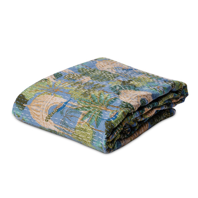 India Ink Blue Peacock Temple Garden Kantha Stitched Throw