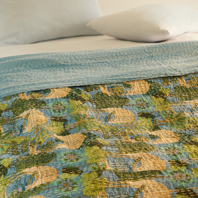 India Ink x Yuppiechef Blue Peacock Temple Garden Kantha Stitched Throw