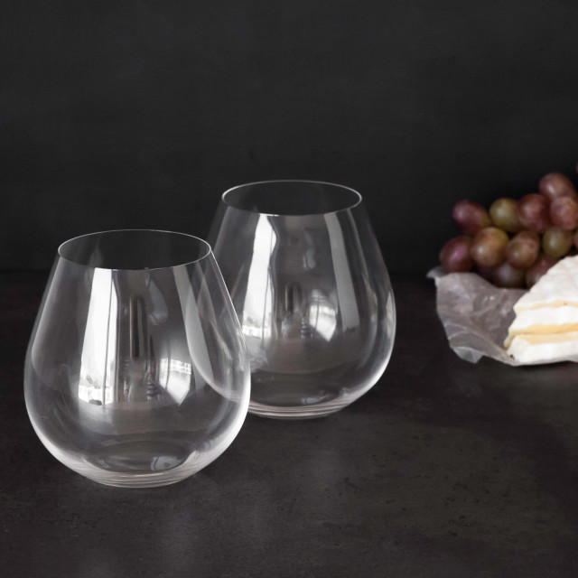 Riedel O Stemless Pinot Noir Glasses, Set of 2 on the table with cheese