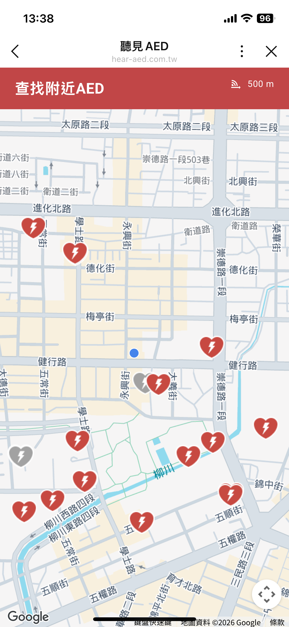 聽見AED 查找附近AED 地圖畫面