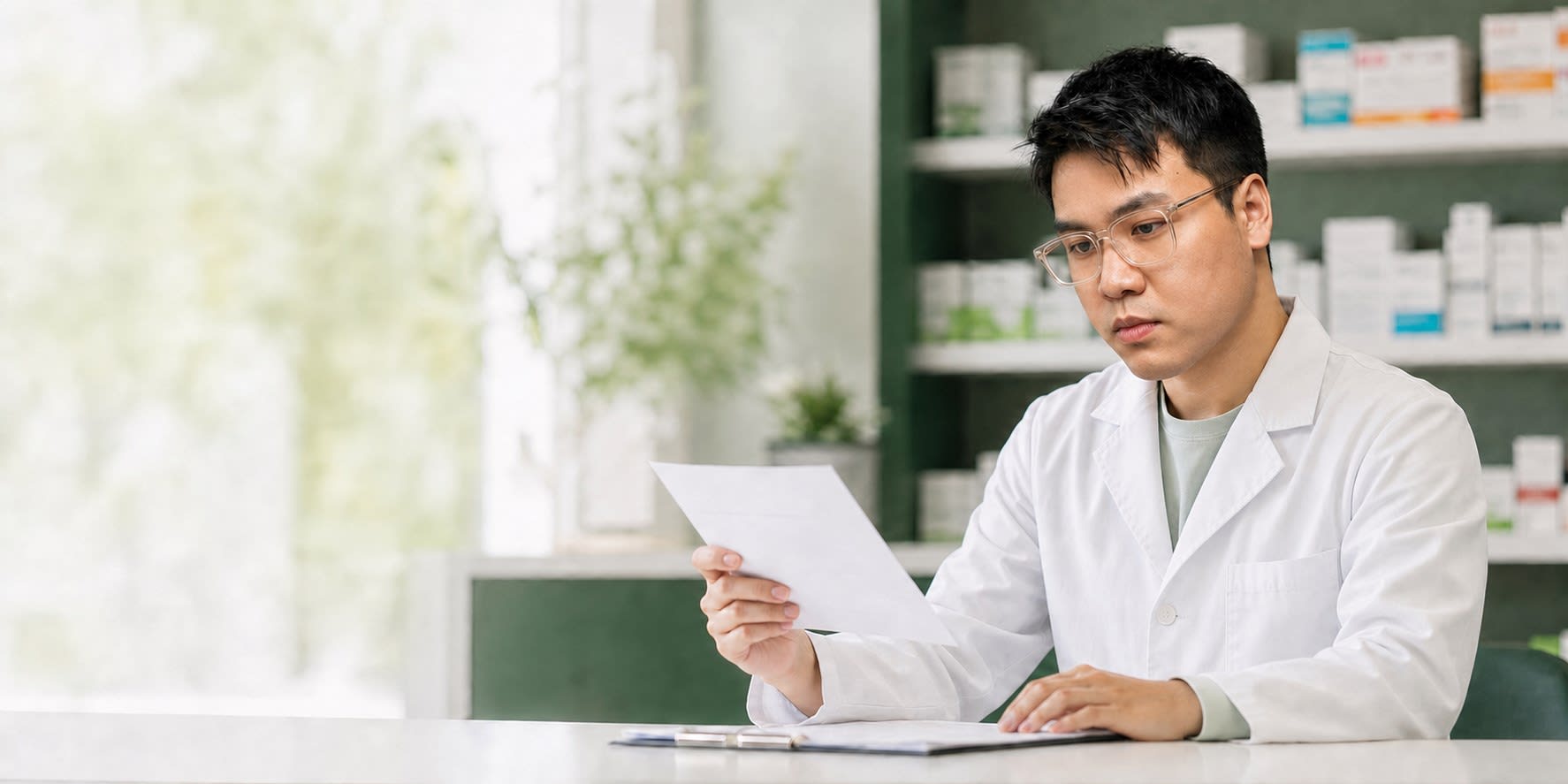 Nguyễn Văn Chương đang xem lại thông tin chuyên môn tại quầy thuốc