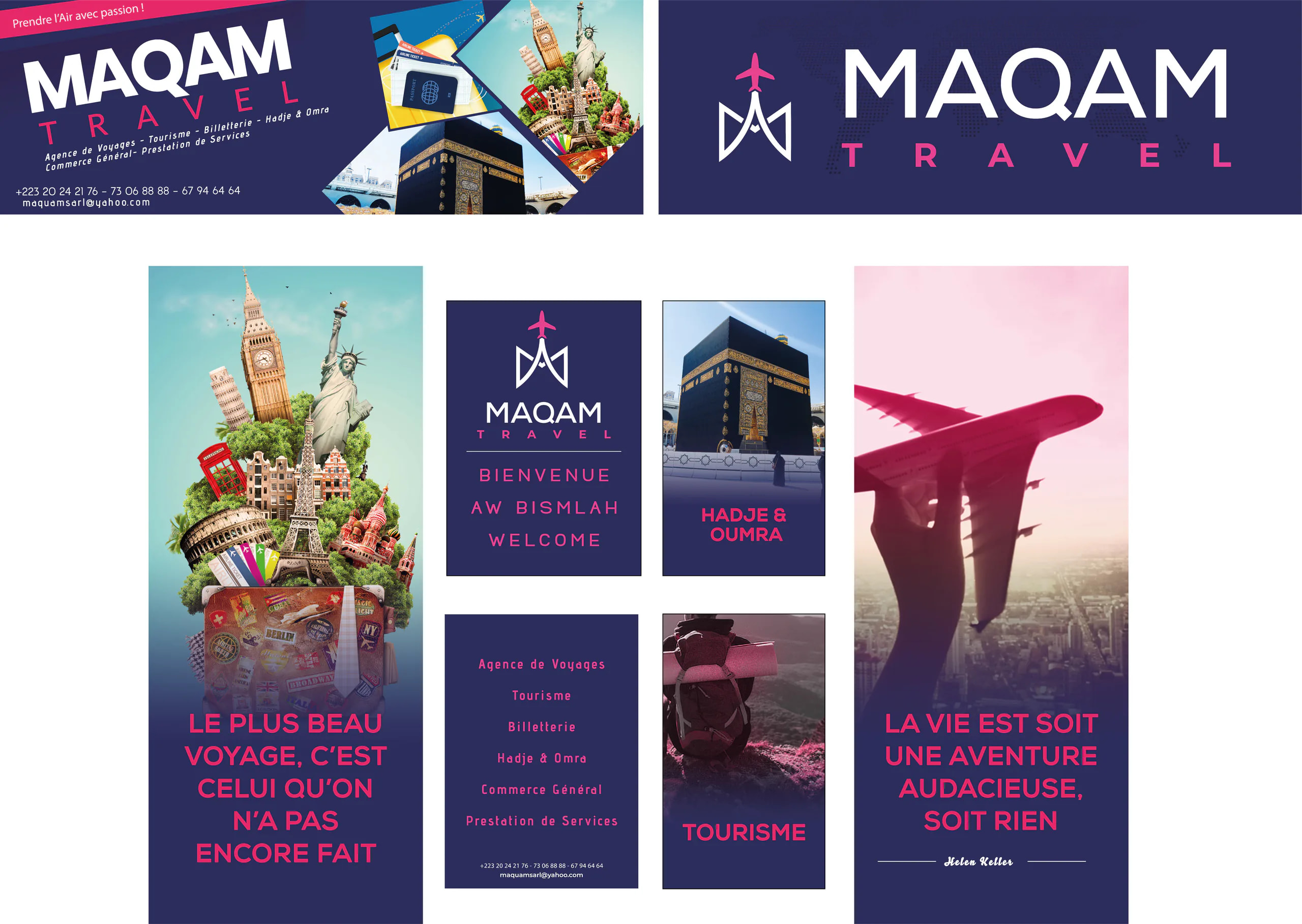Planche complète de la charte Maqam Travel : logo, couleurs et déclinaisons