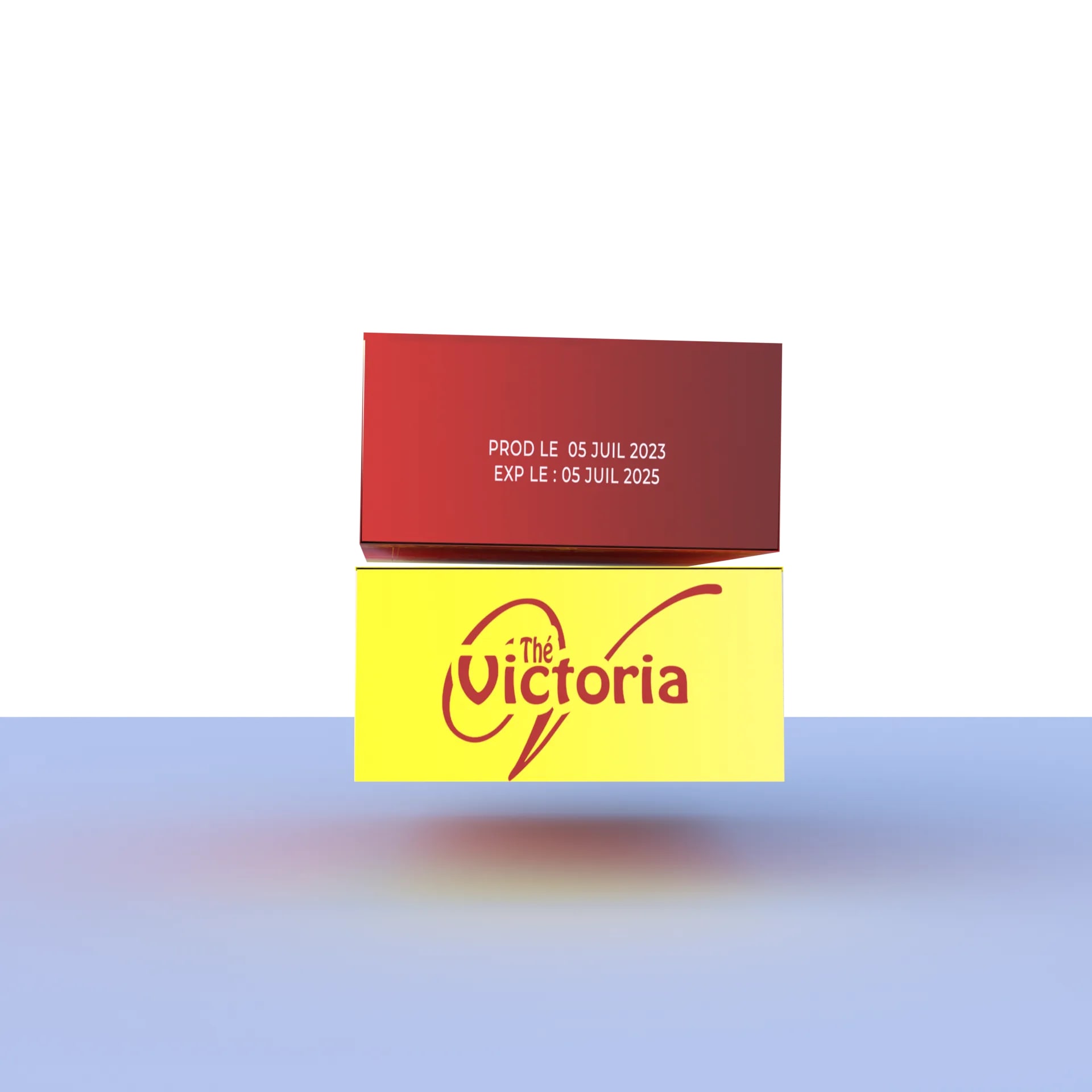 Rendu 3D final d'un étui de thé Victoria couché sur un autre, debout