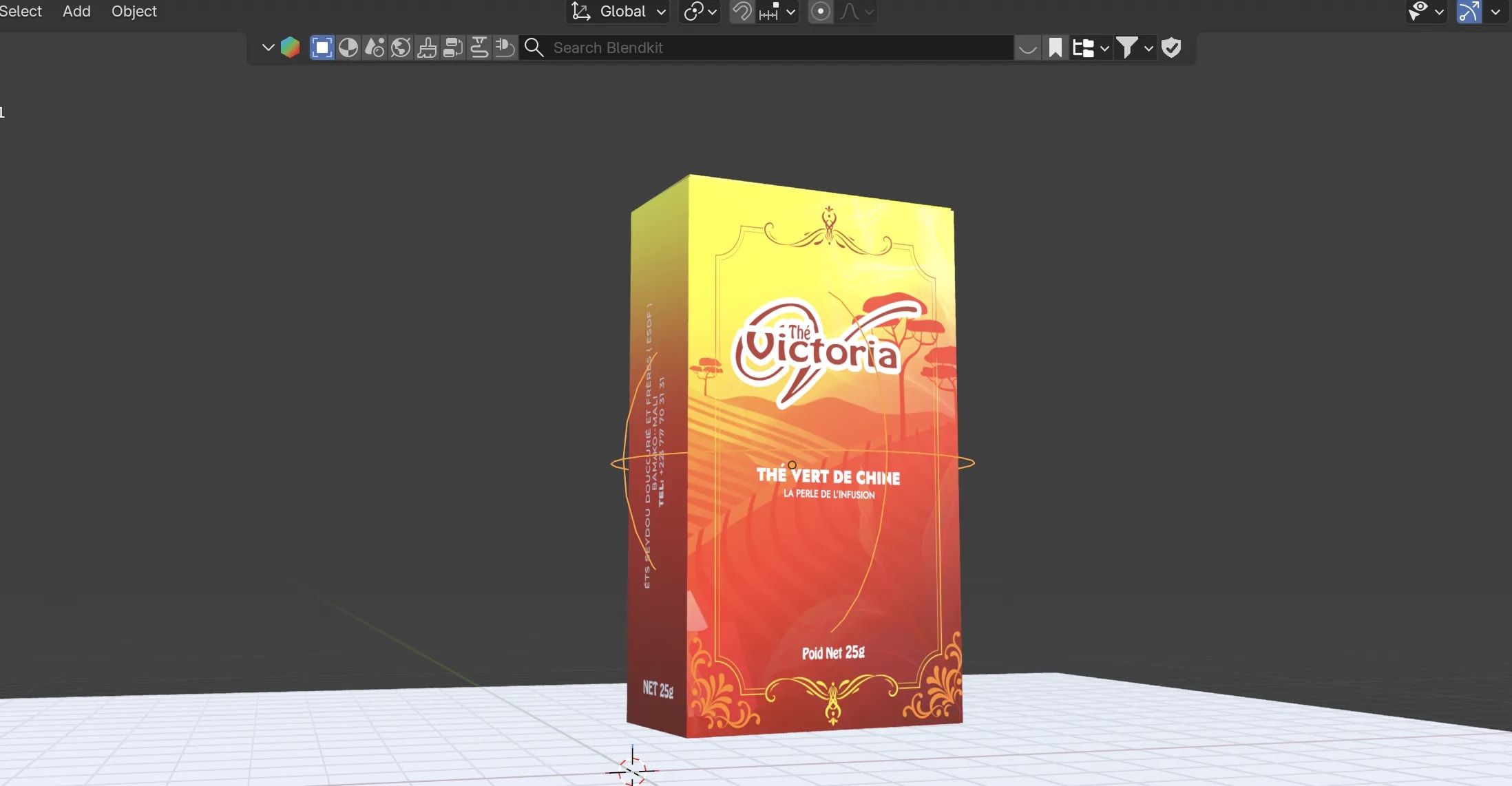 Modèle 3D de l'étui avec la texture du packaging Victoria appliquée