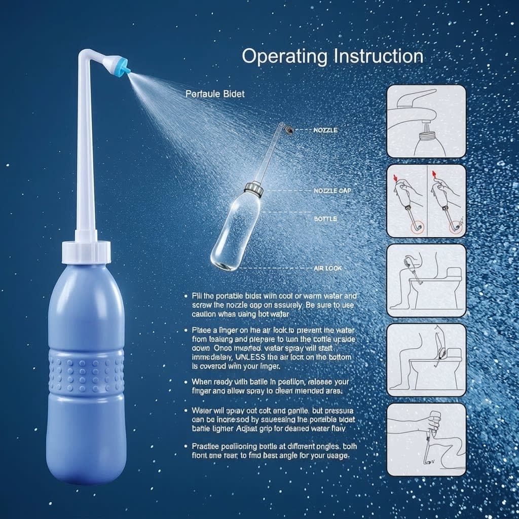 Step by step operating instruction for a 650ml portable bidet peri bottle