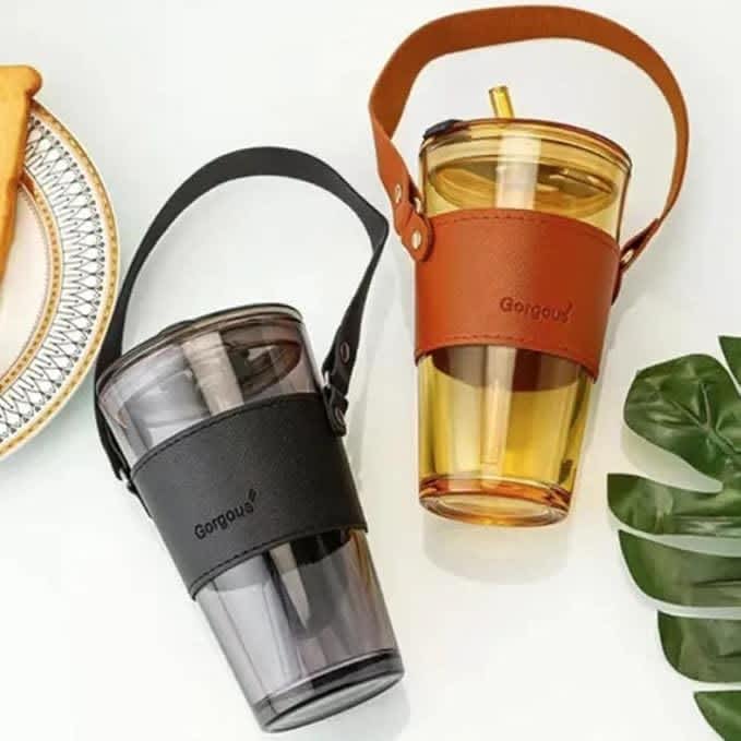 SNR 1PCS Glass Coffee Mug with Leather Sleeve, 400ml, Tumbler with Straw and Lid, Clear