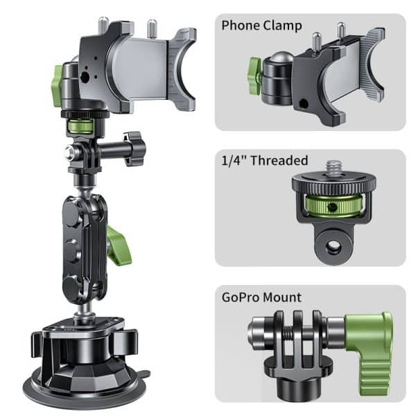 3-in-1 Car Holder Suction Mount for Phone & Action Camera