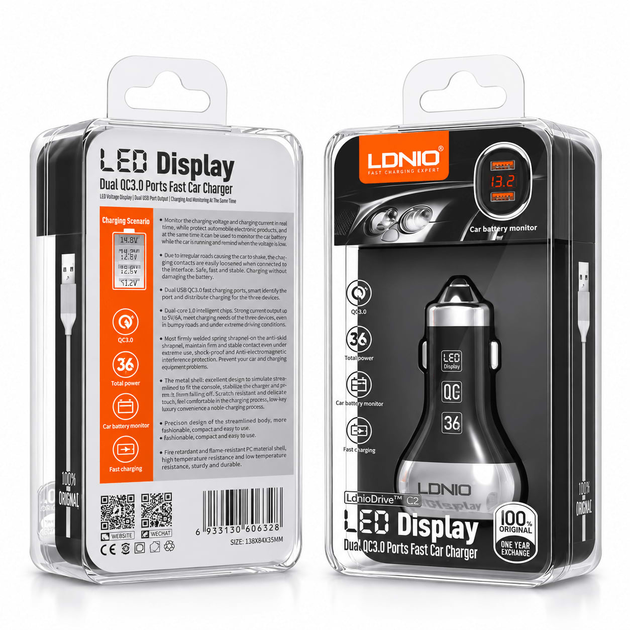 LDNIO C2 36W LED Display Dual USB Car Charger thumbnail 1