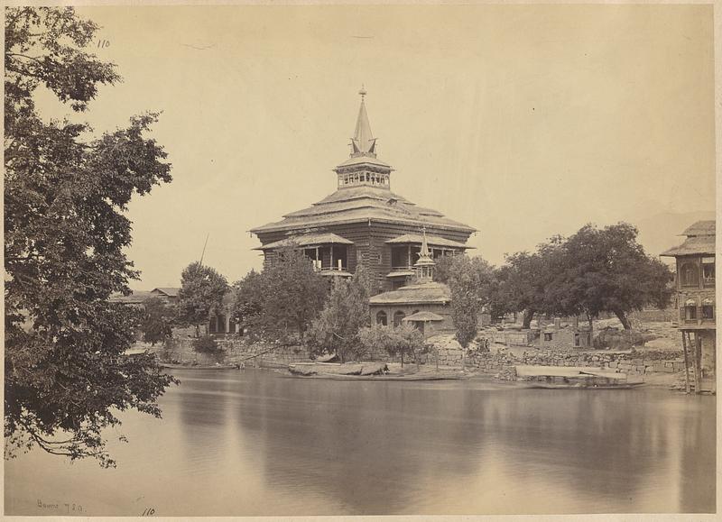 Khanqah-e-Moula (the Shah Hamadan mosque) on the Jhelum in Srinagar, in a 19th-century photograph.
