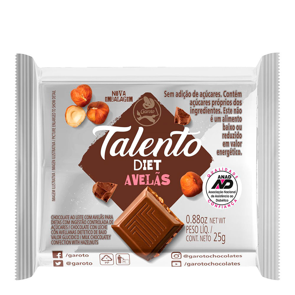 CHOCOLATE TALENTO 025G DIET AVELAS(E)
