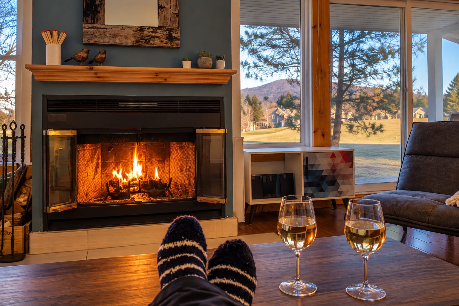 Moment de détente devant un foyer dans un chalet à Orford
