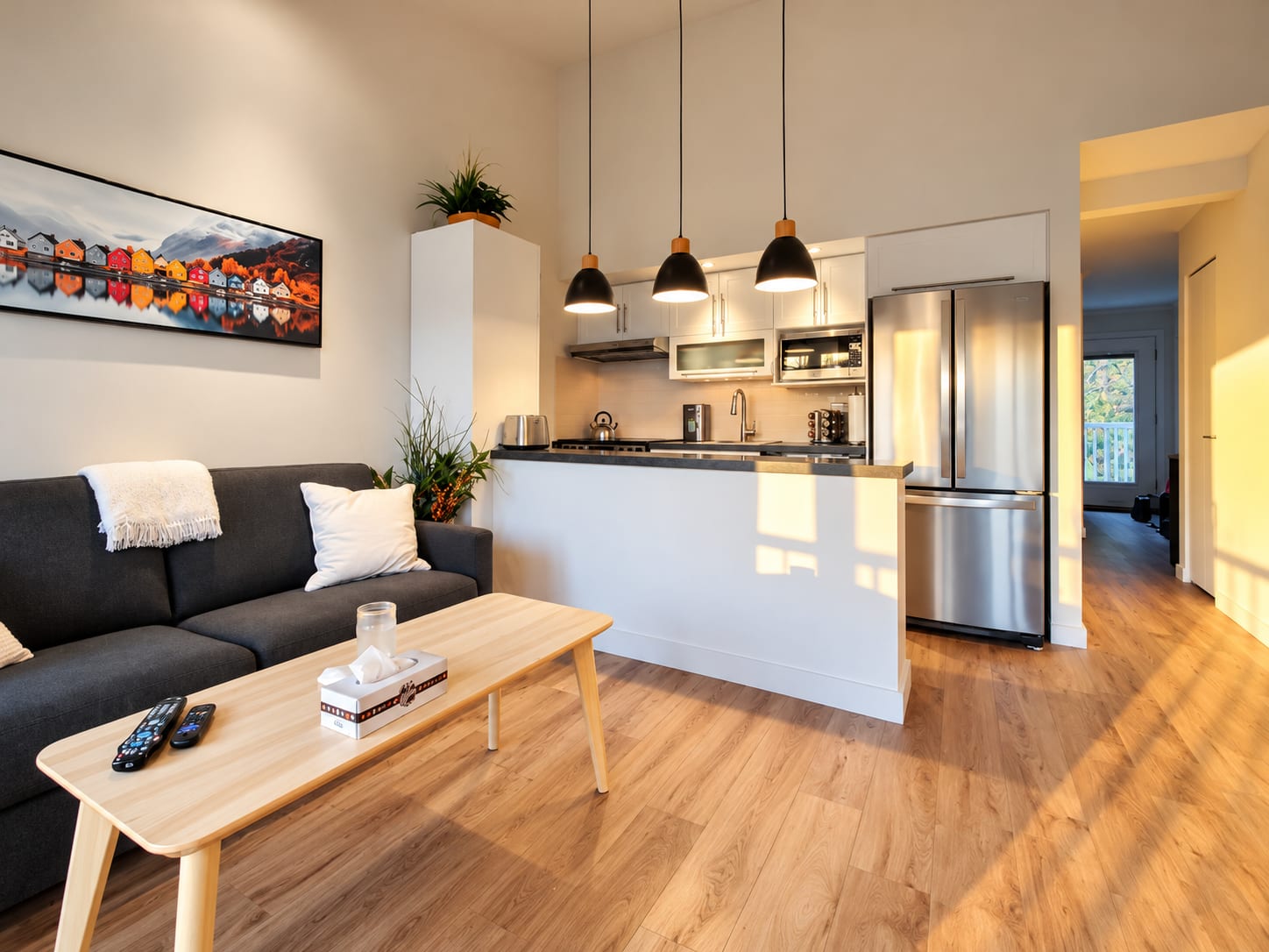 Salon lumineux et cuisine rénovée du Chalet Tranquillité Orford