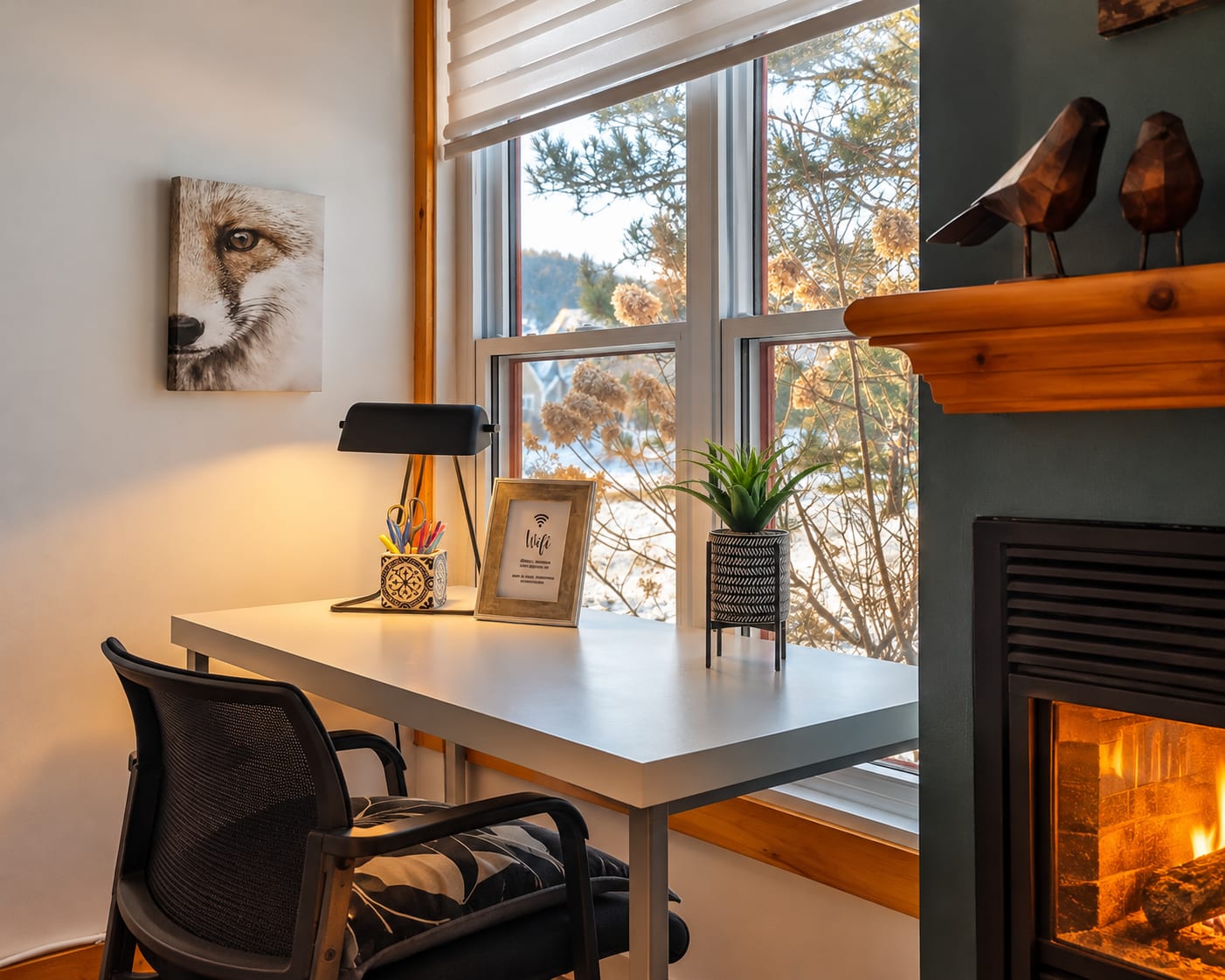Espace télétravail chaleureux avec foyer au Chalet Évasion Orford