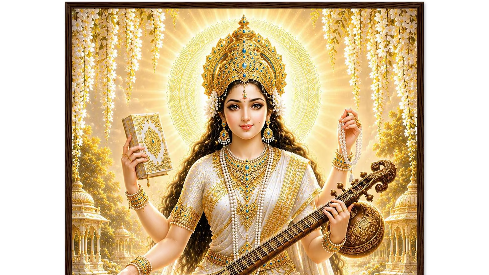 A devotional portrait of Devi Saraswati holding a book and prayer beads, playing a veena