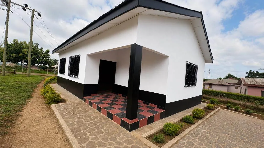 Project update showing Hon. Kofi Benteh Afful and exterior and interior views of the STEM Center being constructed for Bosomoiso, Aferie and Alomunu