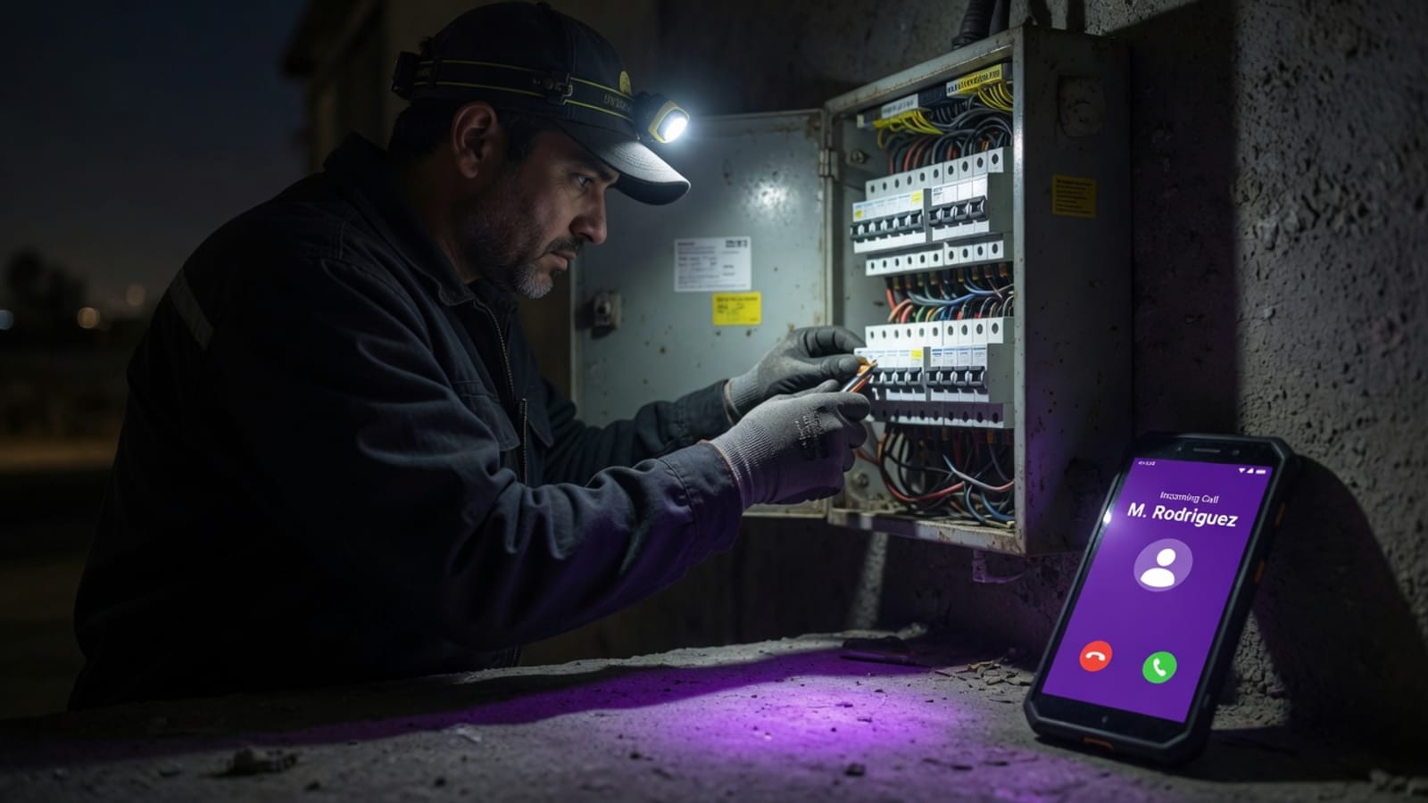 An AI receptionist answering a customer call on an electrician's dashboard phone at dusk