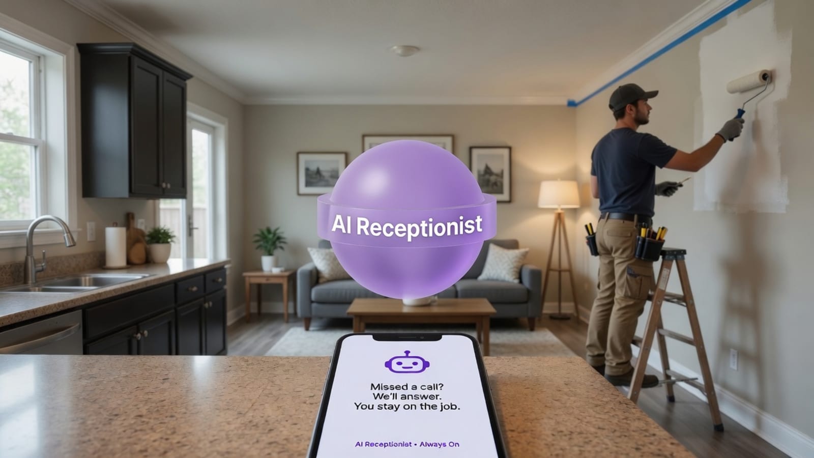 A handyman on a ladder mid-job while an AI answering service takes his incoming call