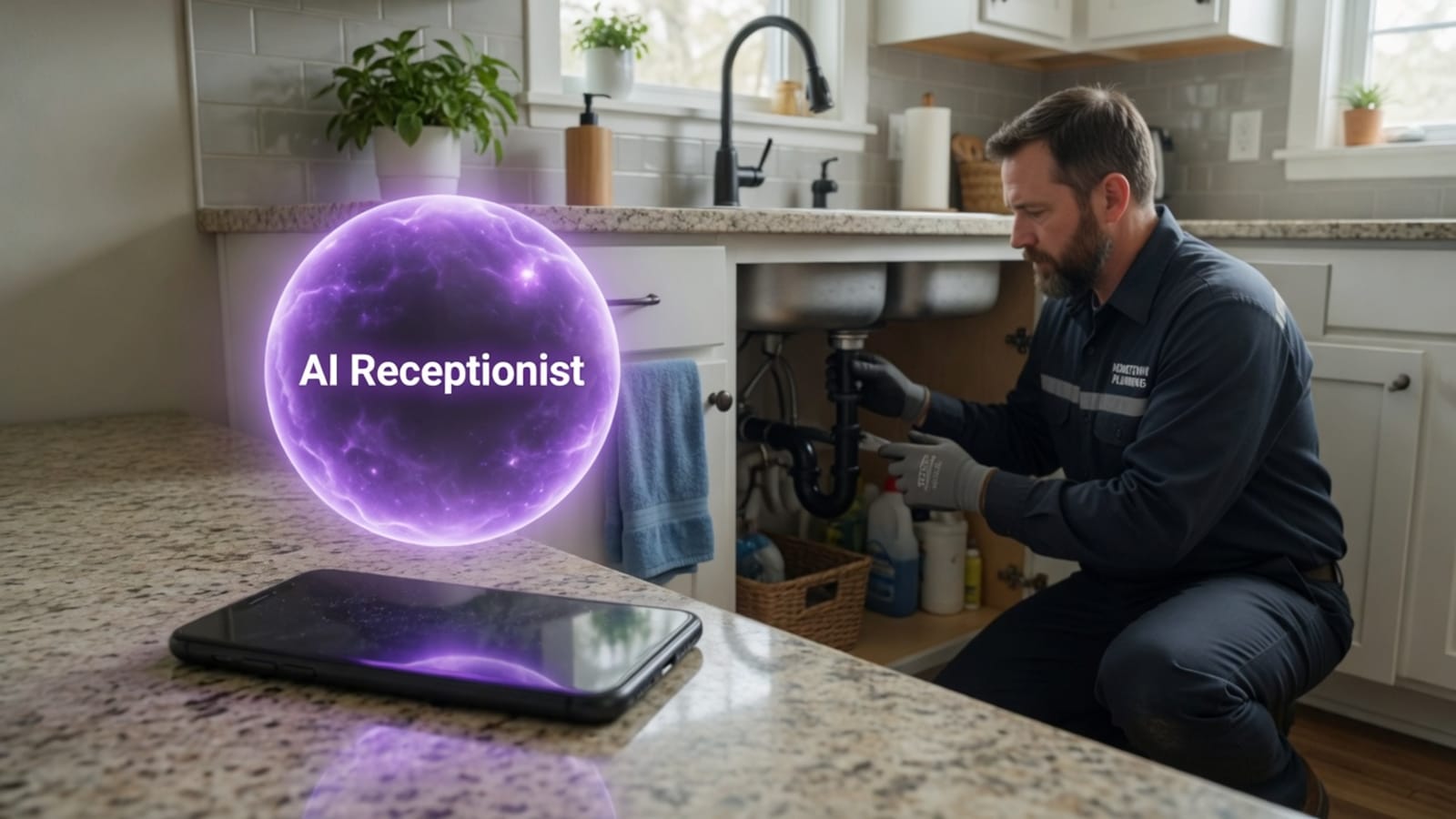 A burst pipe at night while an AI answering service takes the emergency call and dispatches the on-call plumber