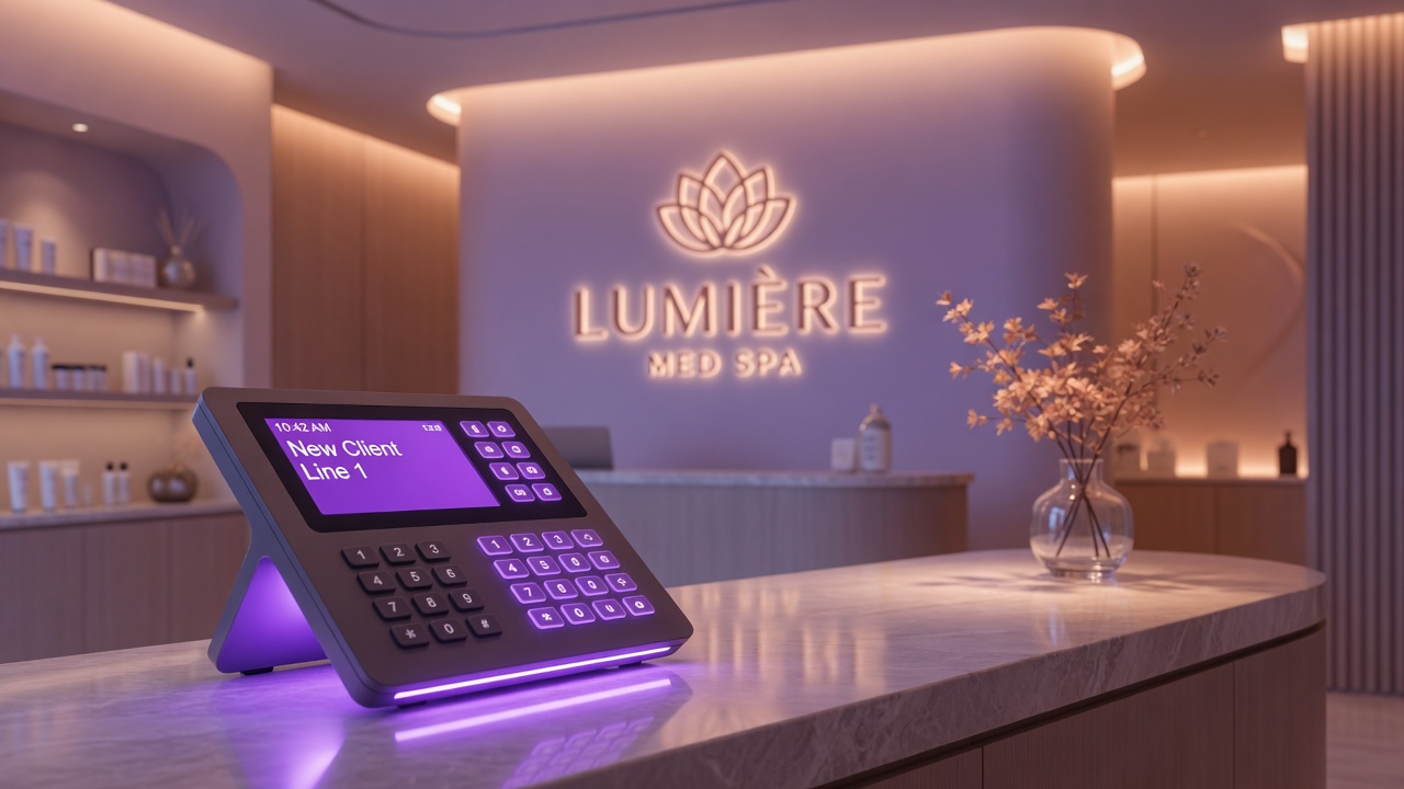 Lumière Med Spa reception desk with a desk phone displaying an incoming call on the New Client Line