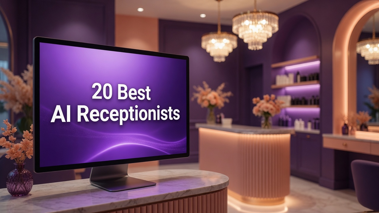 Luxury salon and spa reception desk in purple and gold tones, with a monitor displaying the 20 Best AI Receptionists guide