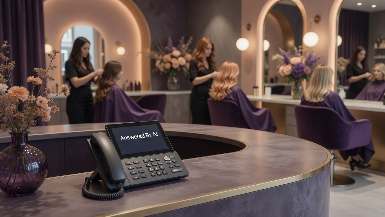 Hair salon front-desk phone displaying 'Answered By AI' while stylists work with clients at mirrored stations in the background
