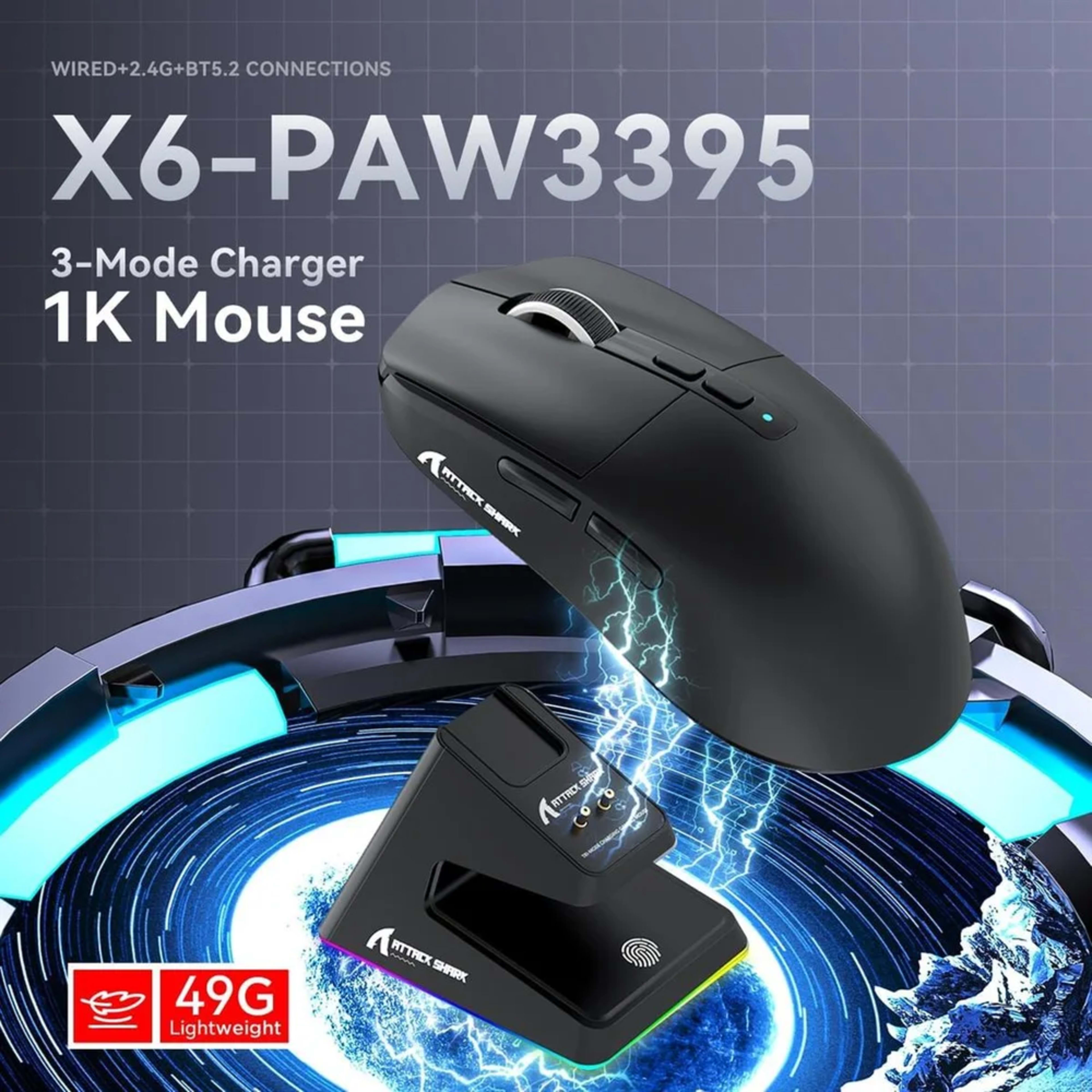 Attack SharkX6 Wireless Three Modes Gaming Mouse With Charging Dock Black 2 Attack SharkX6 Wireless Three Modes Gaming Mouse With Charging Dock Black thumbnail 2