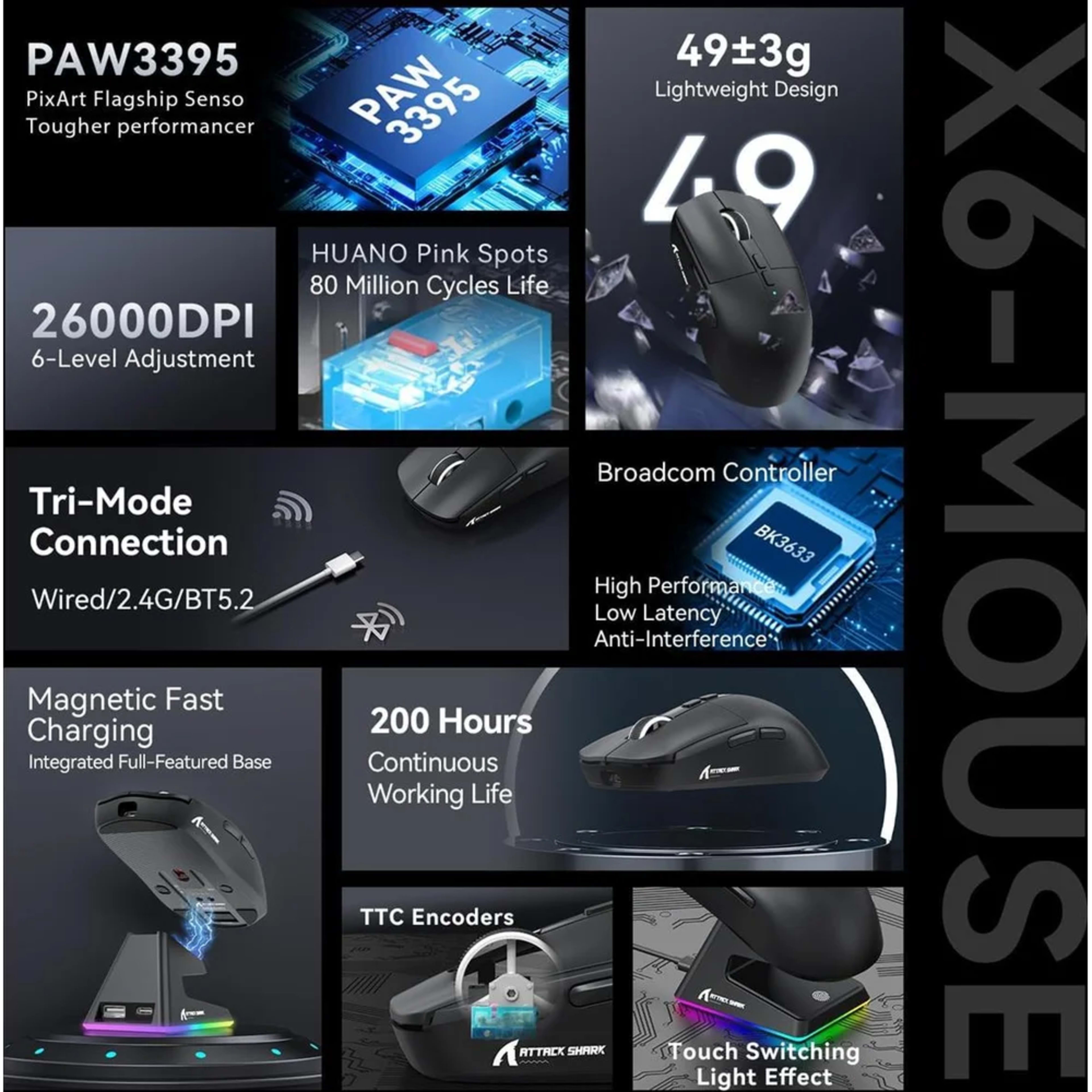 Attack SharkX6 Wireless Three Modes Gaming Mouse With Charging Dock Black 3 Attack SharkX6 Wireless Three Modes Gaming Mouse With Charging Dock Black thumbnail 3