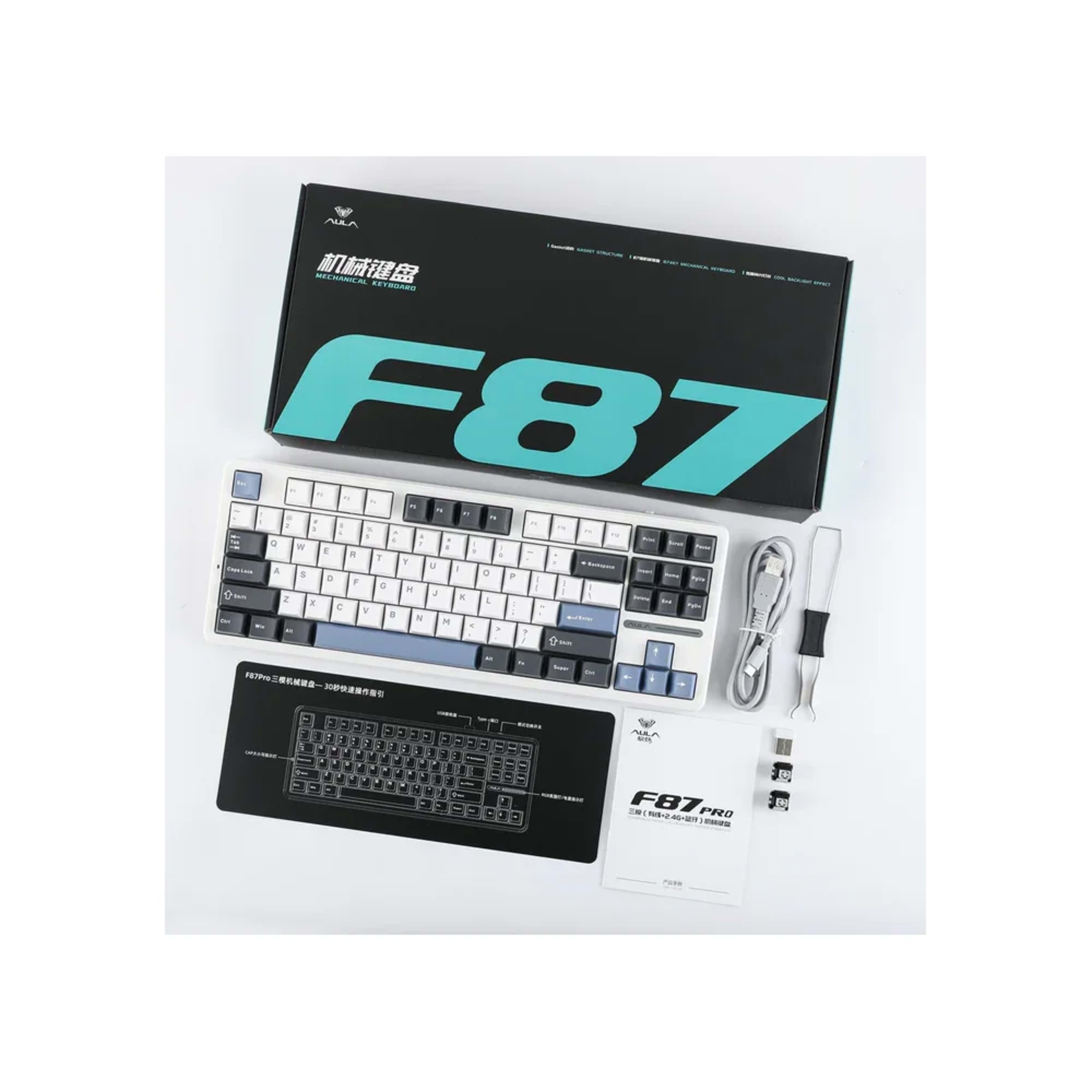 AULA F87 Pro White+Gray+Blue Graywood V4 Switch 80% RGB Wireless Mechanical thumbnail 2