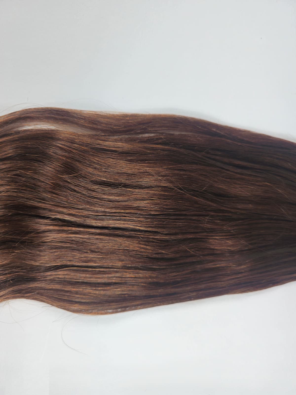 Glatte, lange braune Haarsträhne mit rötlichen Reflexen, flach auf weißem Untergrund liegend.