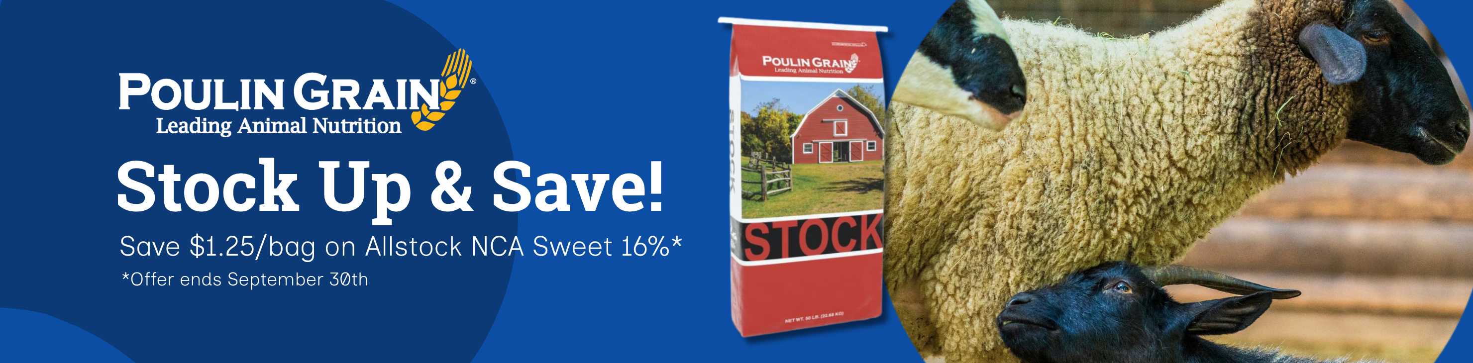 Poulin Grain promotion at Lakeside Feed — savings on goat and sheep feed.
