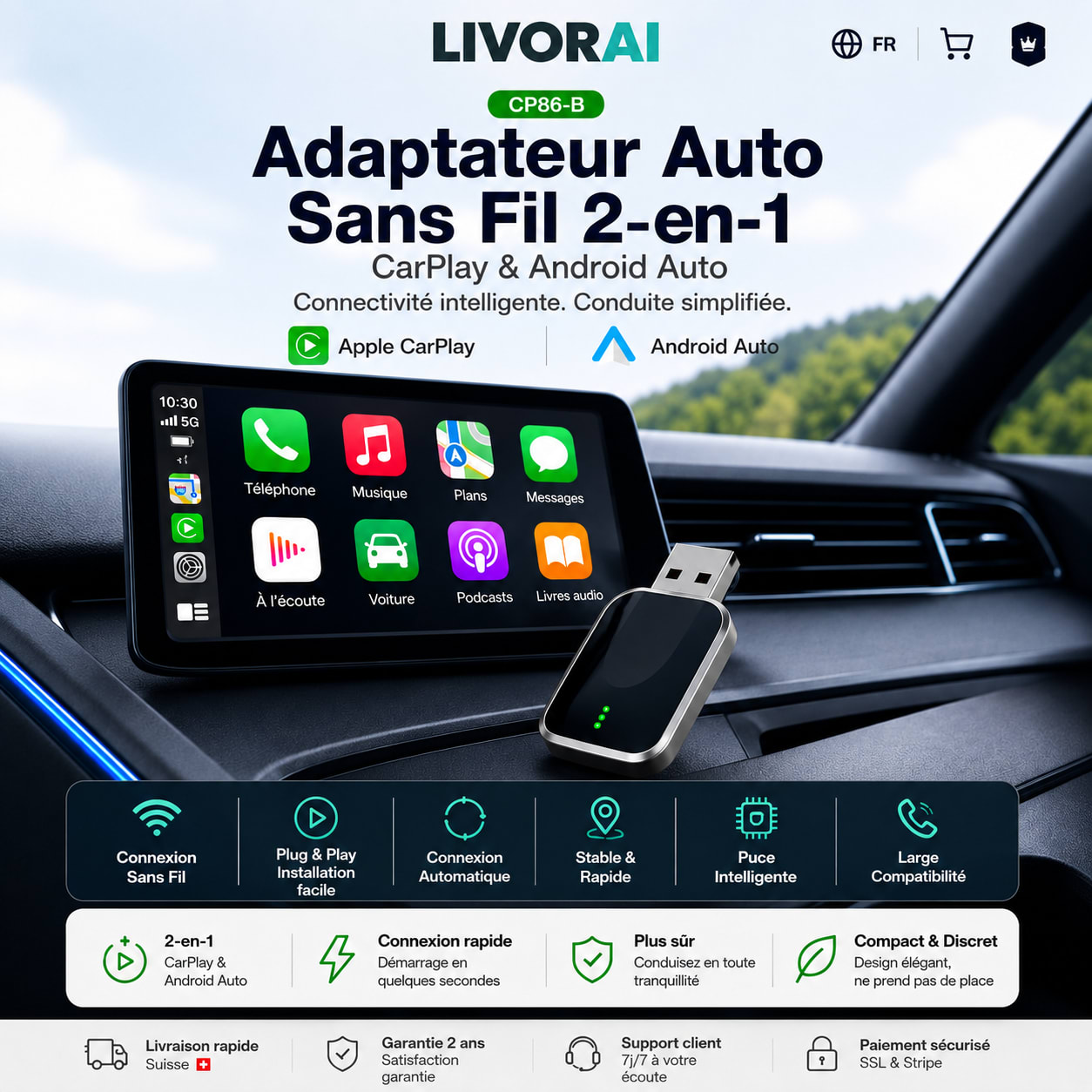 Adaptateur Auto Sans Fil 2-en-1 – CarPlay & Android Auto